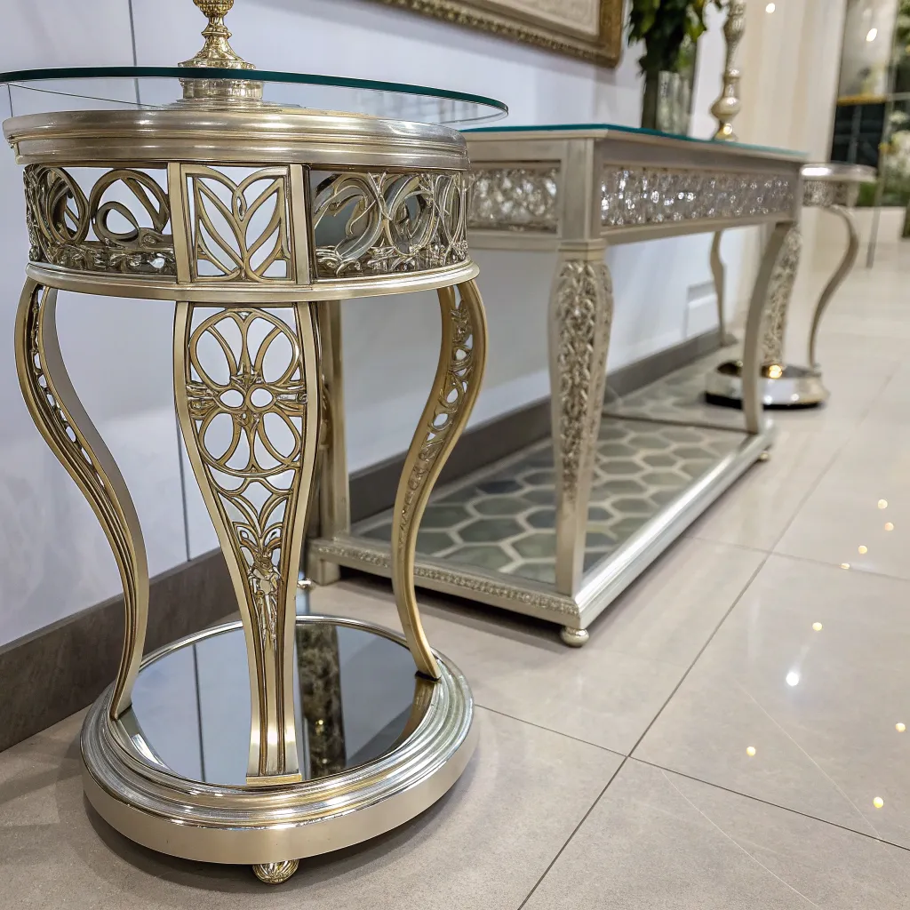 Metal and glass furniture pieces showcasing intricate design.