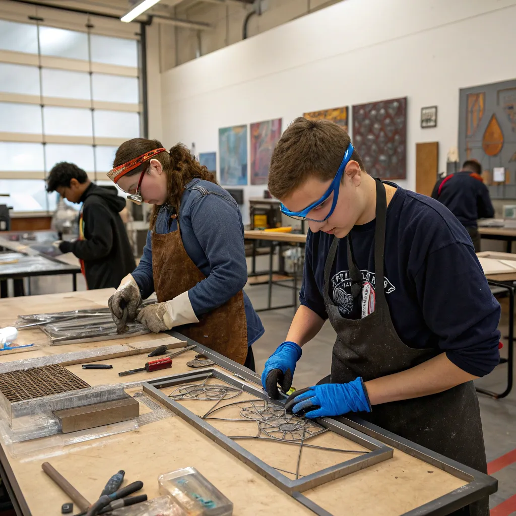 Students working on metal and glass projects in a workshop